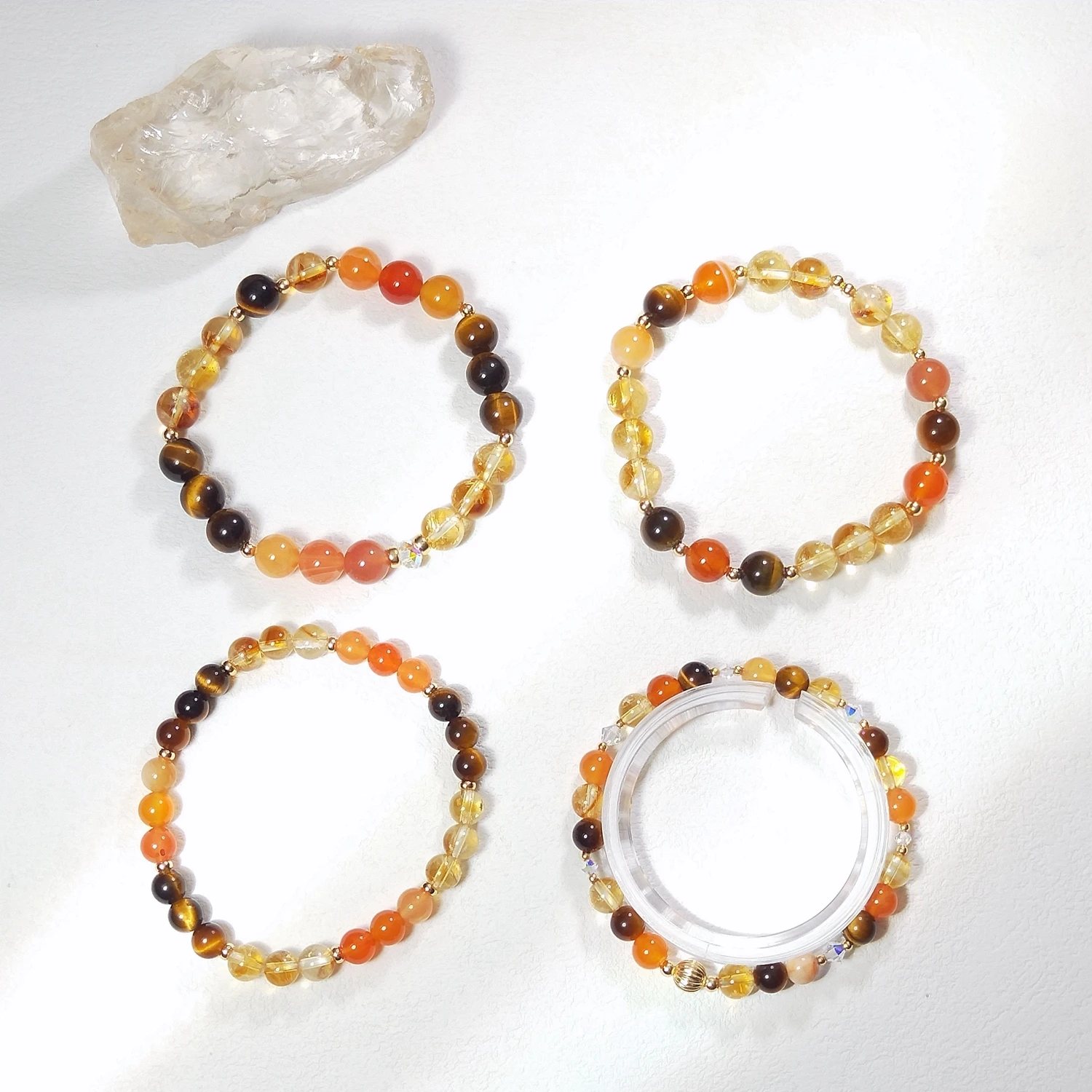 

Lii Ji Natural Stone Citrine Carnelian Tiger Eye 6/8mm With Crystal American 14K Gold Filled Elastic Bracelet