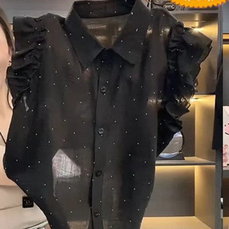 Feifei-camisa sem mangas das mulheres com diamante design polo gola estilo coreano moda novo verão 2021