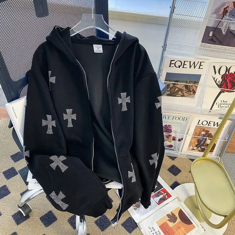 

Autumn Winter Large Size American Retro High Street Hoodie Cardigan Men's Long Sve Loose Couple Outerwear Trendy Brand