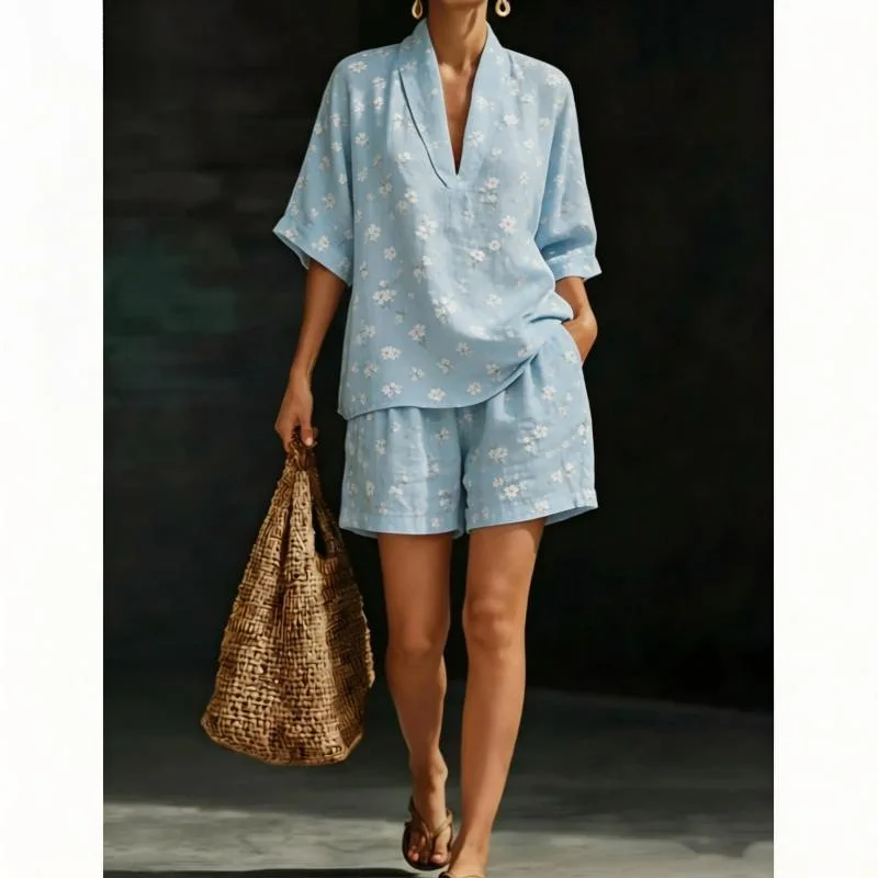 

2 Pieces Set For Woman Fashion Casual Flower Printed Two Piece Set Summer Style Sexy V Neck Short Sleeves Tops And Shorts 2 Sets