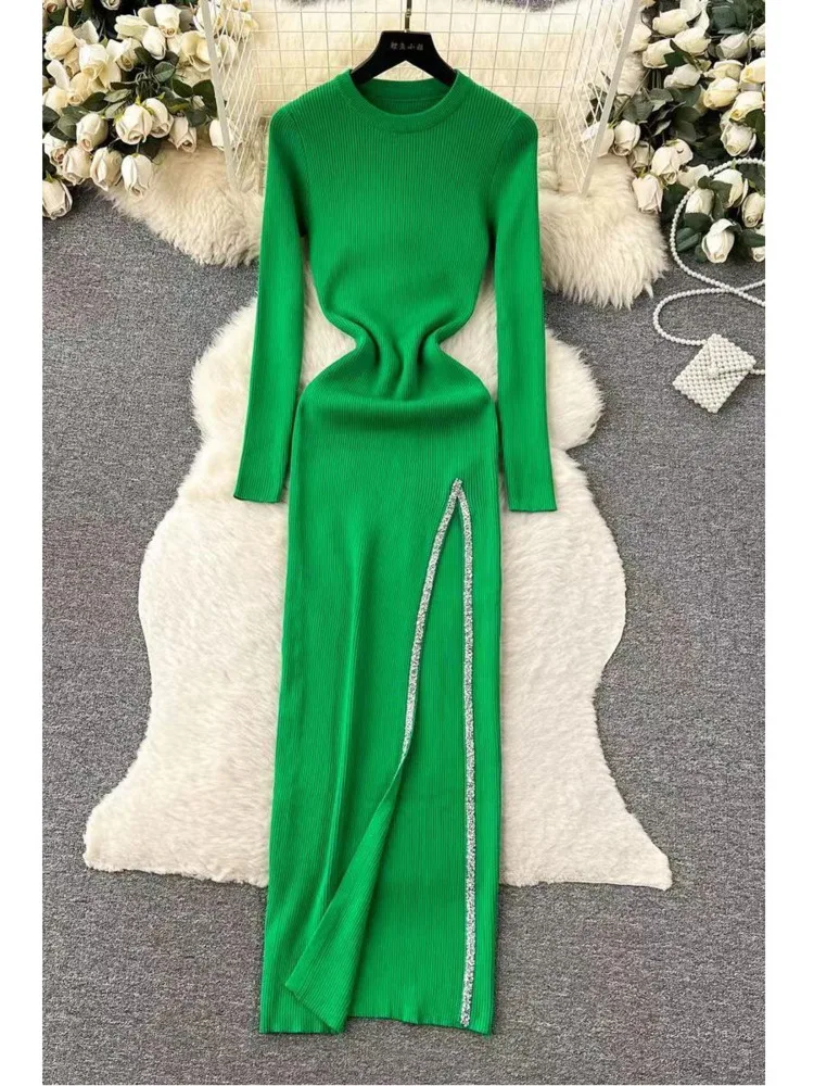 Casual Long Sleeve Sexy Knitted Women Sweater Maxi Dress with Side Slits Slim Autumn Winter New Elegant Shiny Wrap Hip Knit Robe