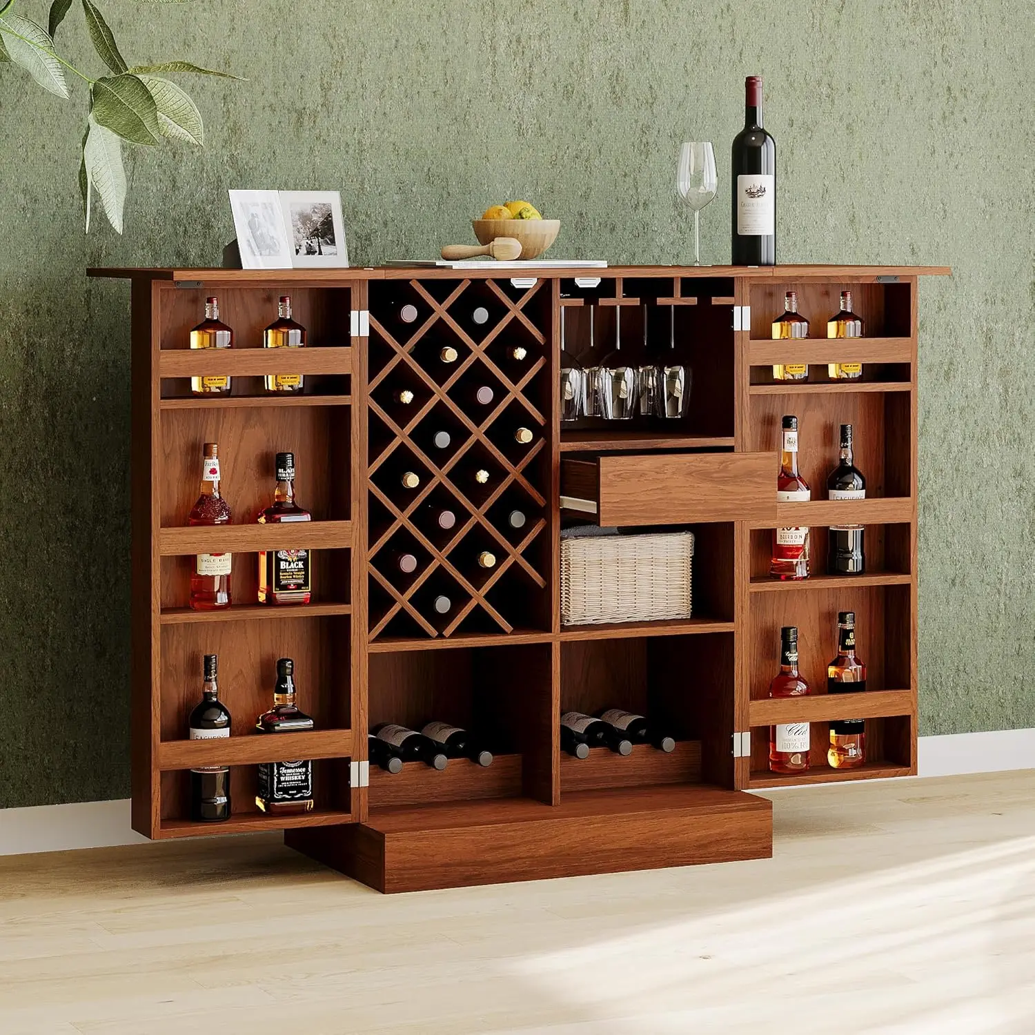 Carved Wine Bar Cabinet,Farmhouse Wooden Sideboard Buffet with 24 Wine Rack and 3 Size Glass Holder,Freestanding Liquor Cabinet