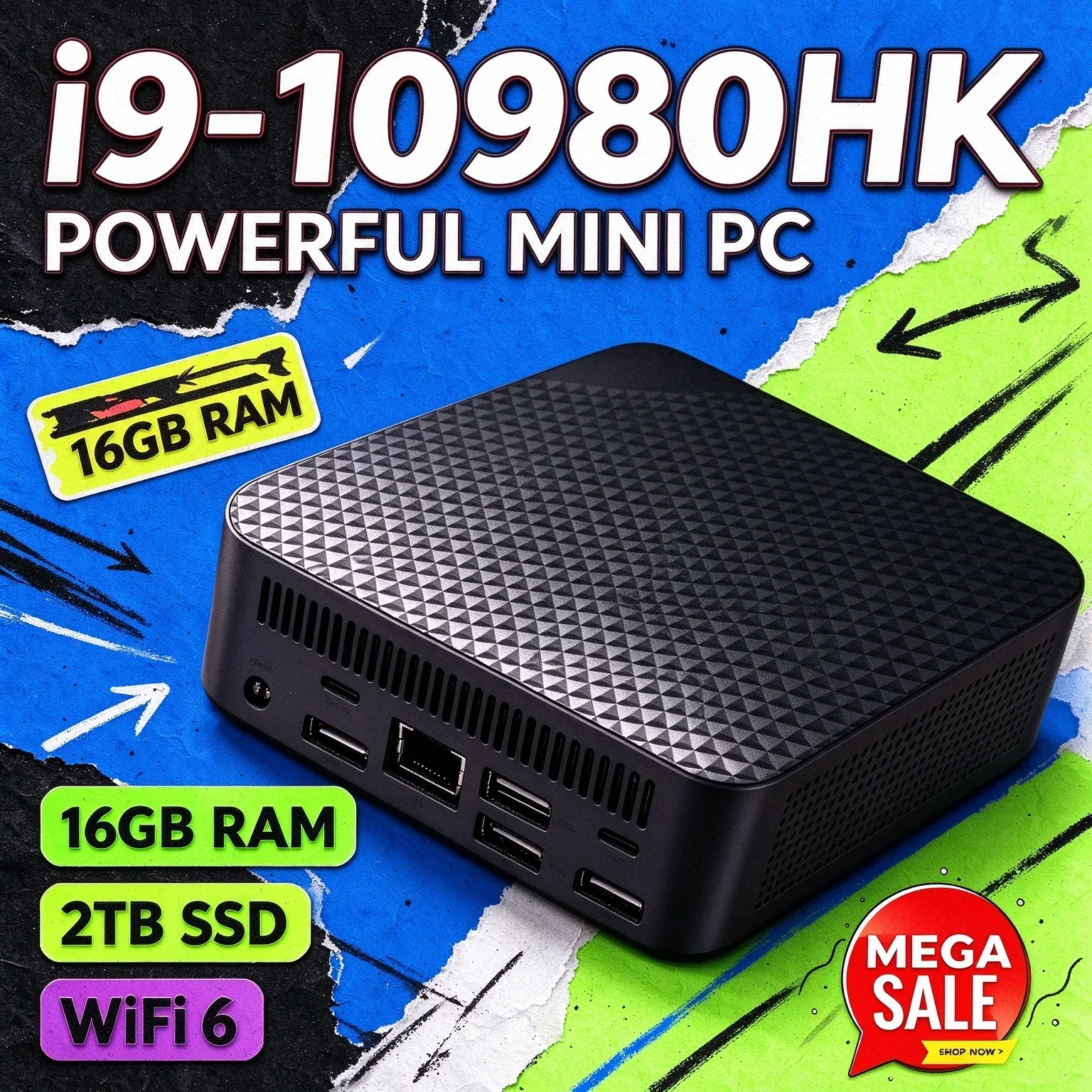 Core i9 10980HK Mini Desktop 16GB M.2 NVMe SSD Triple 4K Display WiFi6 BT5.2 Silent Cooling Home Office Pro PC