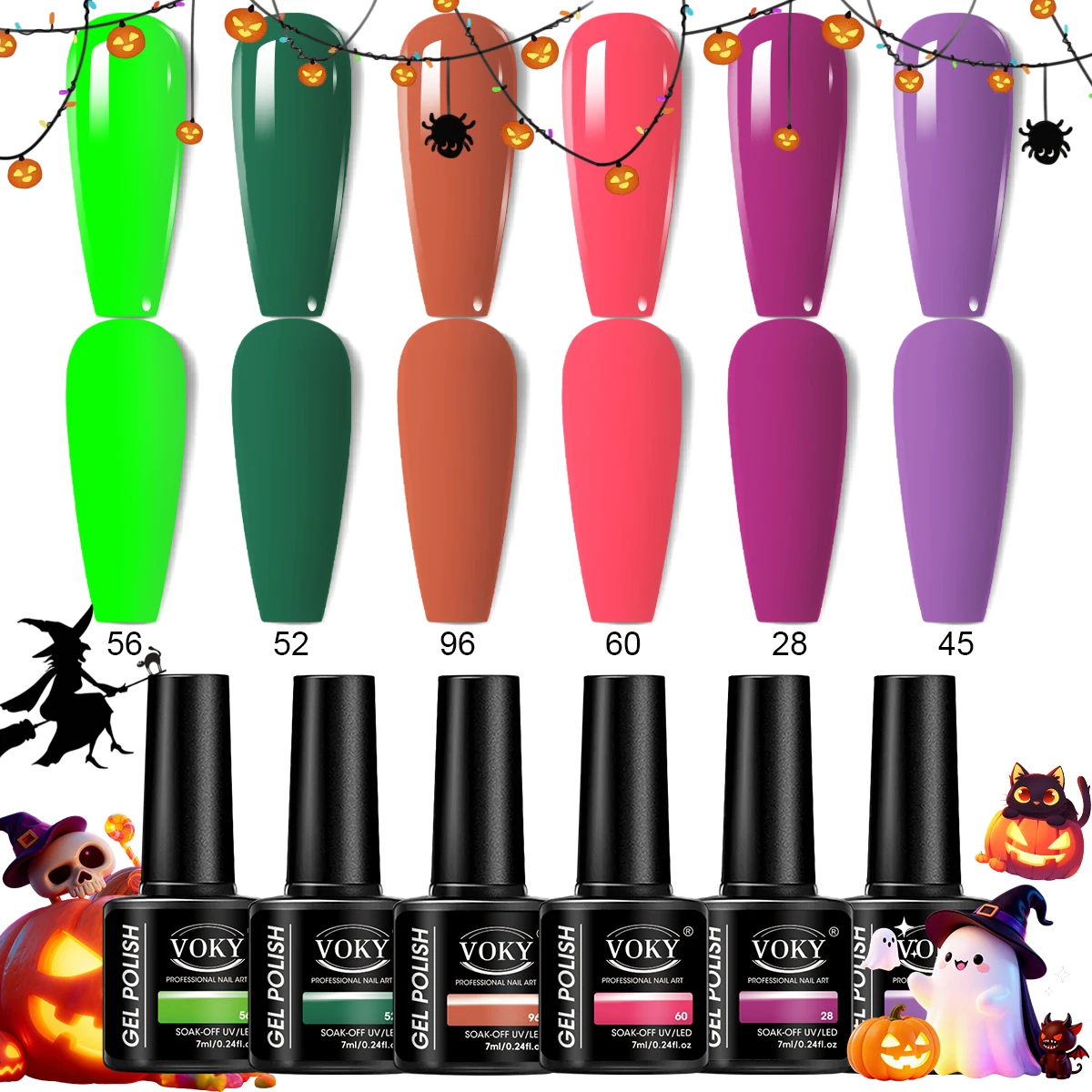 Voky 6-Piece Luxury Neon Witch Halloween Solid Color Gel Nail Polish Set, Salon-Grade Uv/Led Soak-Off Gel, Creamy Texture with High Color Payoff and Self-Leveling Formula, 28-Day Long-Lasting Shine, Anti-Peeling, Anti-Fading Nail Art Set, Suitable for Nail Salons and DIY Halloween Nail Art