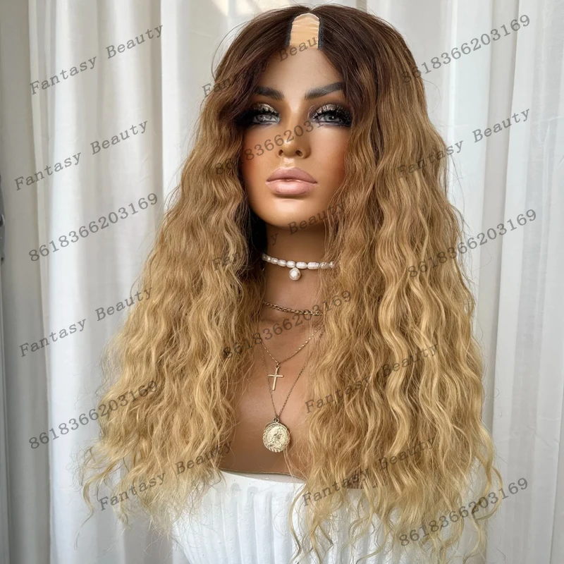 # 4 جذور بنية أومبير العسل البني شعر بشري مجعد 1x4 U جزء الباروكات للنساء السود غلويليس طويل موجة عميقة U جزء الباروكات سهلة ارتداء #3