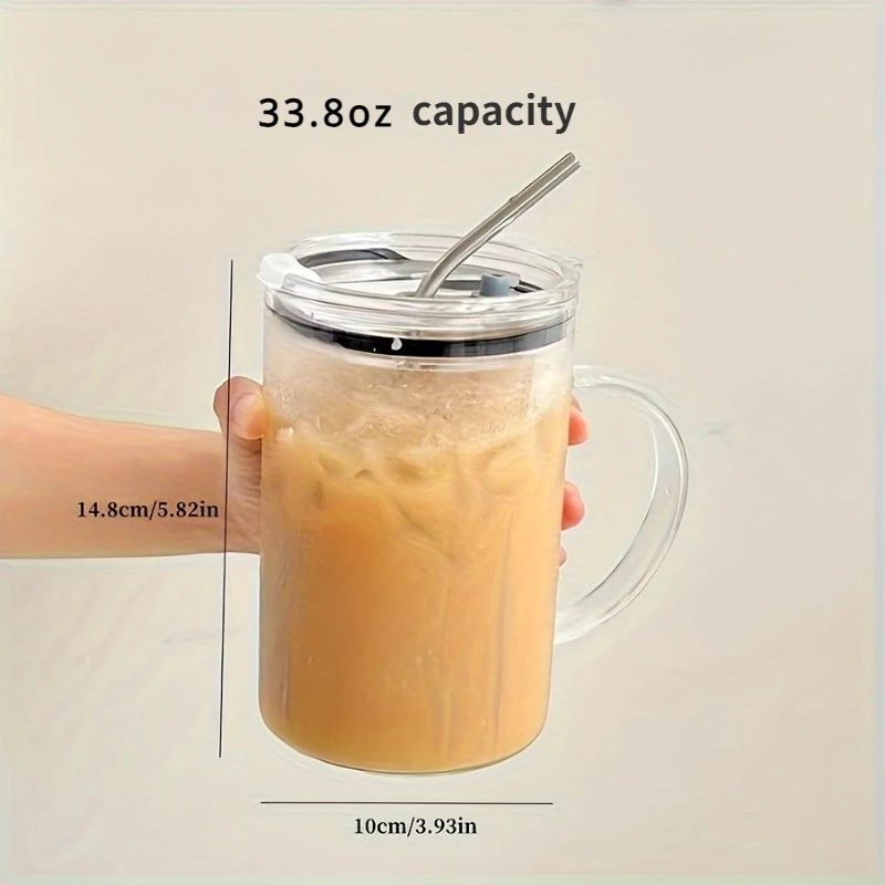 1pc 1L Large Glass Cup with Lid and Handle Heat Resistant Glass Water Cup Iced Coffee Mug for Juice Milk Summer Winter Drinkware