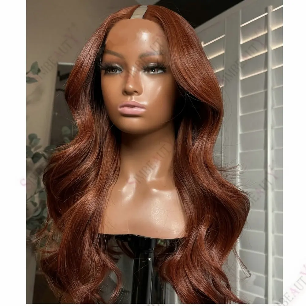 Natürliche gewellte kupferbraune U-Part-Perücke aus Echthaar für schwarze Frauen, einfach zu tragen, orangebraun, 1x4 Größe, V-Part-Perücke aus Echthaar mit Clips – Detail 3