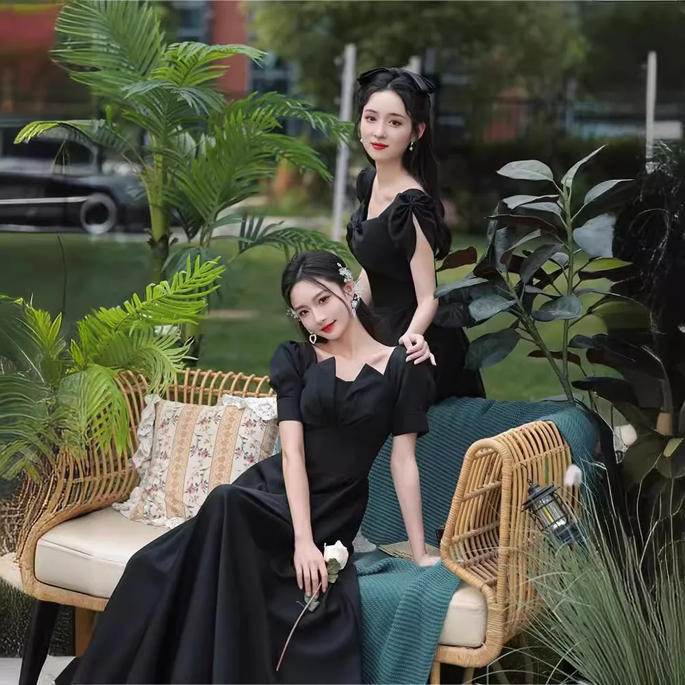 

P-28 Black bridesmaid dress slim fit long 2024 banquet temperament fashion sister group girlfriend dress elegant simple style
