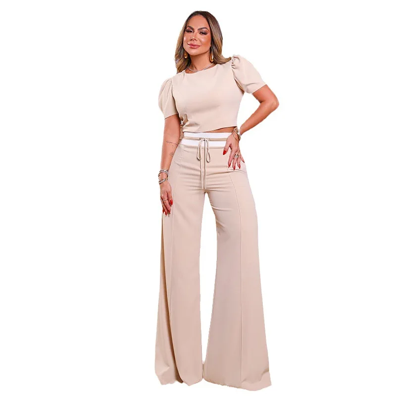 Women Pants Sets Two Pieces Puff Sleeve O Neck Top Wide Leg Pants Set Drawstring High Waist Casual Full Length Matching Sets