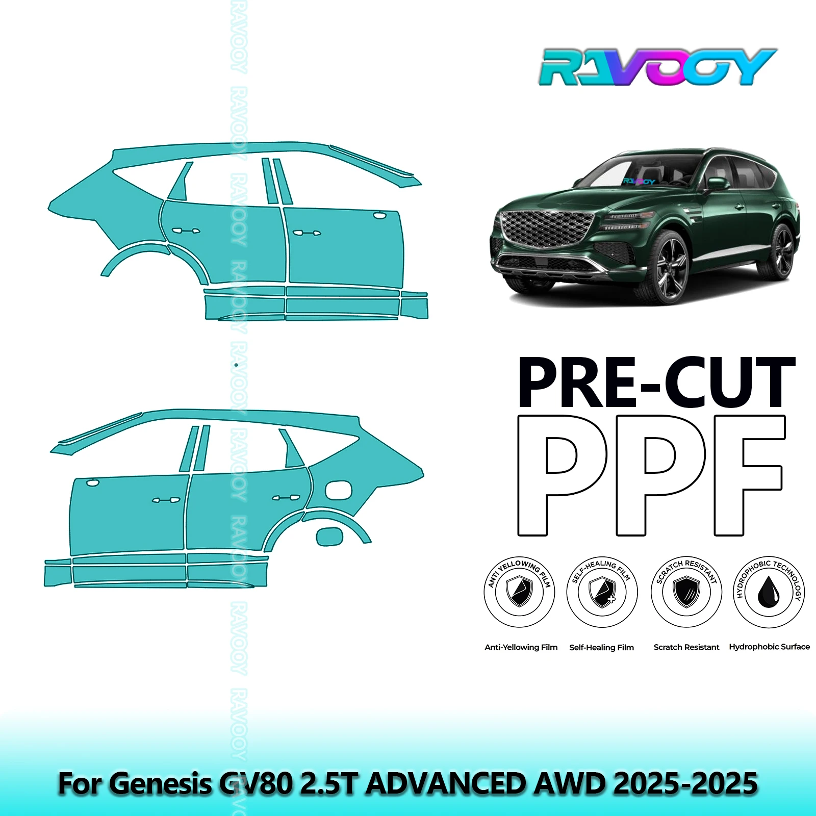 

For Genesis GV80 2.5T ADVANCED AWD 2025-2025 8.5mil Clear Matte Pre-Cut PPF Door & A/B Pillar Kit TPU Paint Protection Film Set