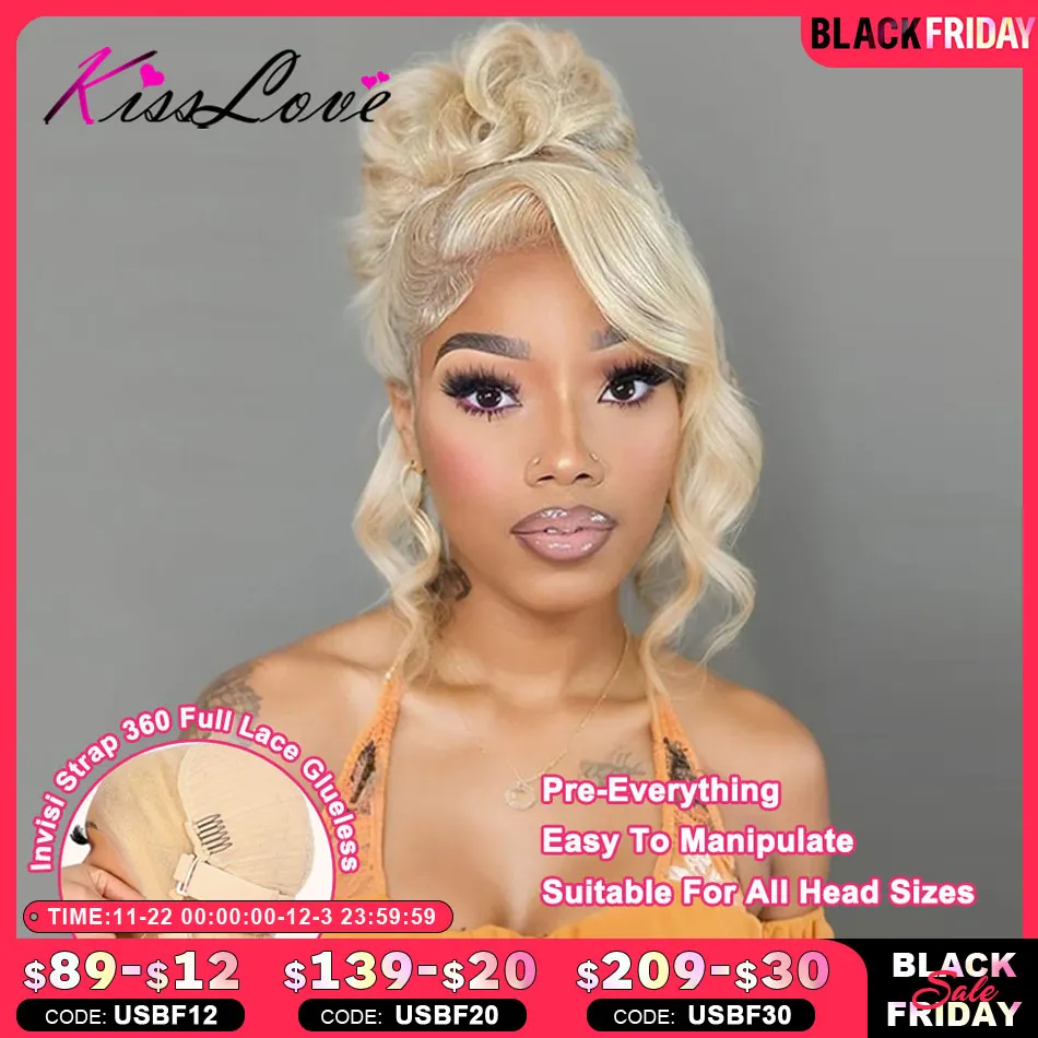 KissLove 613 Blonde Hair Invisi-Strap Snug Fit 360 Full Lace Glueless Wigs Human Hair HD Transparent Lace Frontal Wigs for Women