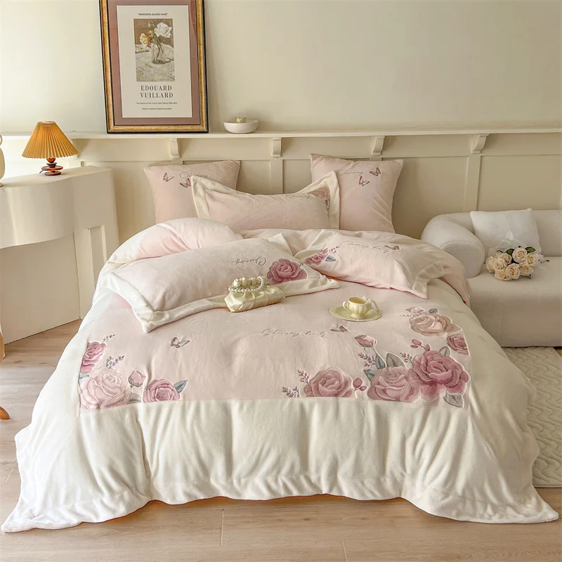 4Pcs Soft Winter Thickened Plush Milk Velvet Bedding Set Flowers Embroidery Queen King Size Duvet Cover Bed Sheet Pillowcases