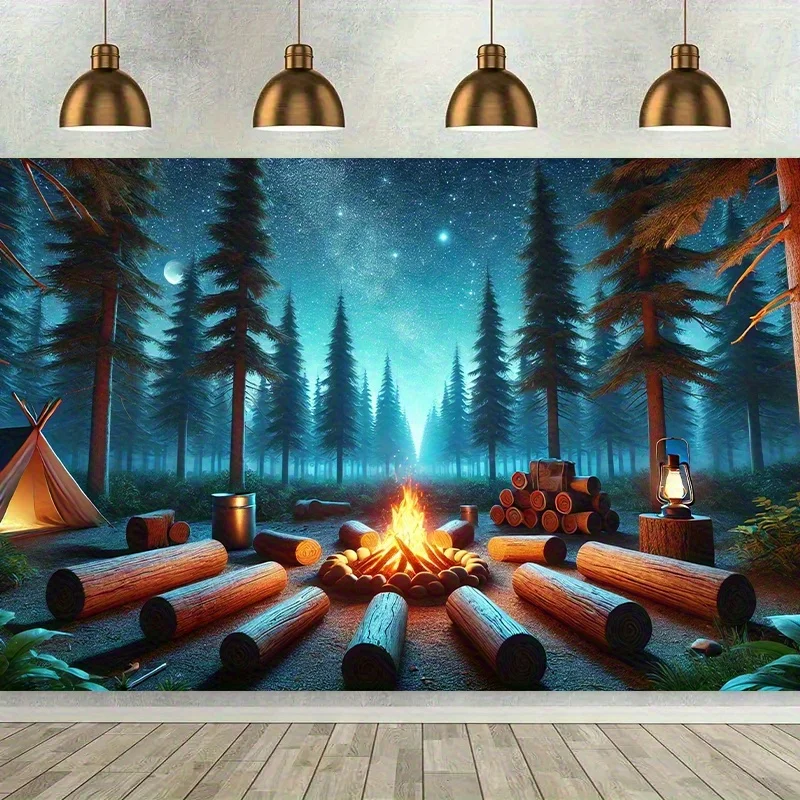 Plan 2D, 1 pieza de pancarta de fondo de bosque de hoguera de noche estrellada, sin necesidad de electricidad o decoración de camping