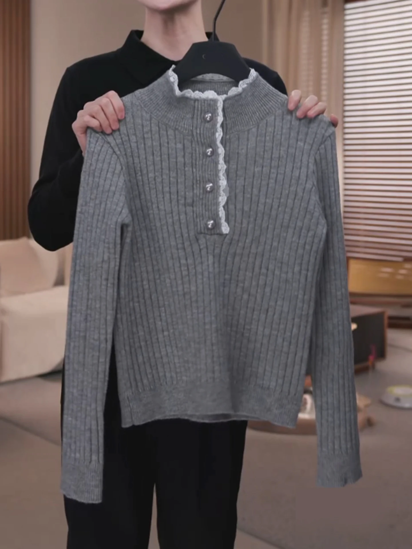 Maglione lavorato a maglia coreano Sle Long Sve con finiture in pizzo e colletto aperto, top dimagrante per il pendolarismo invernale Faion