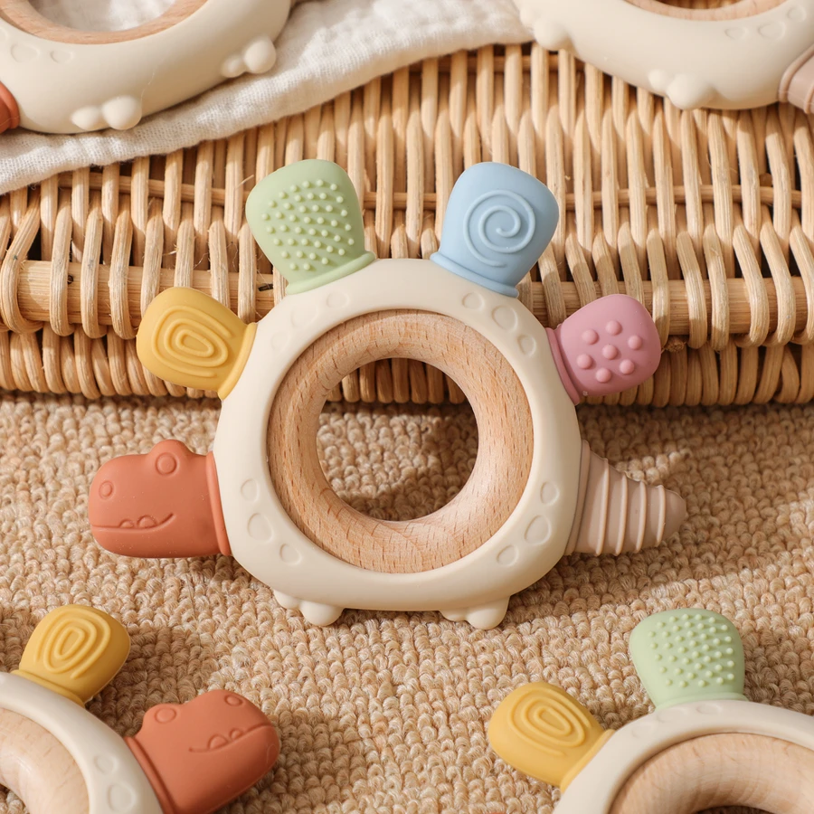 Baby Silicone Teether Grade Food Silicone Dinosaur Wooden Ring Baby Care Teething Toys Dental Care Silicone Chewing Gum Baby Toy