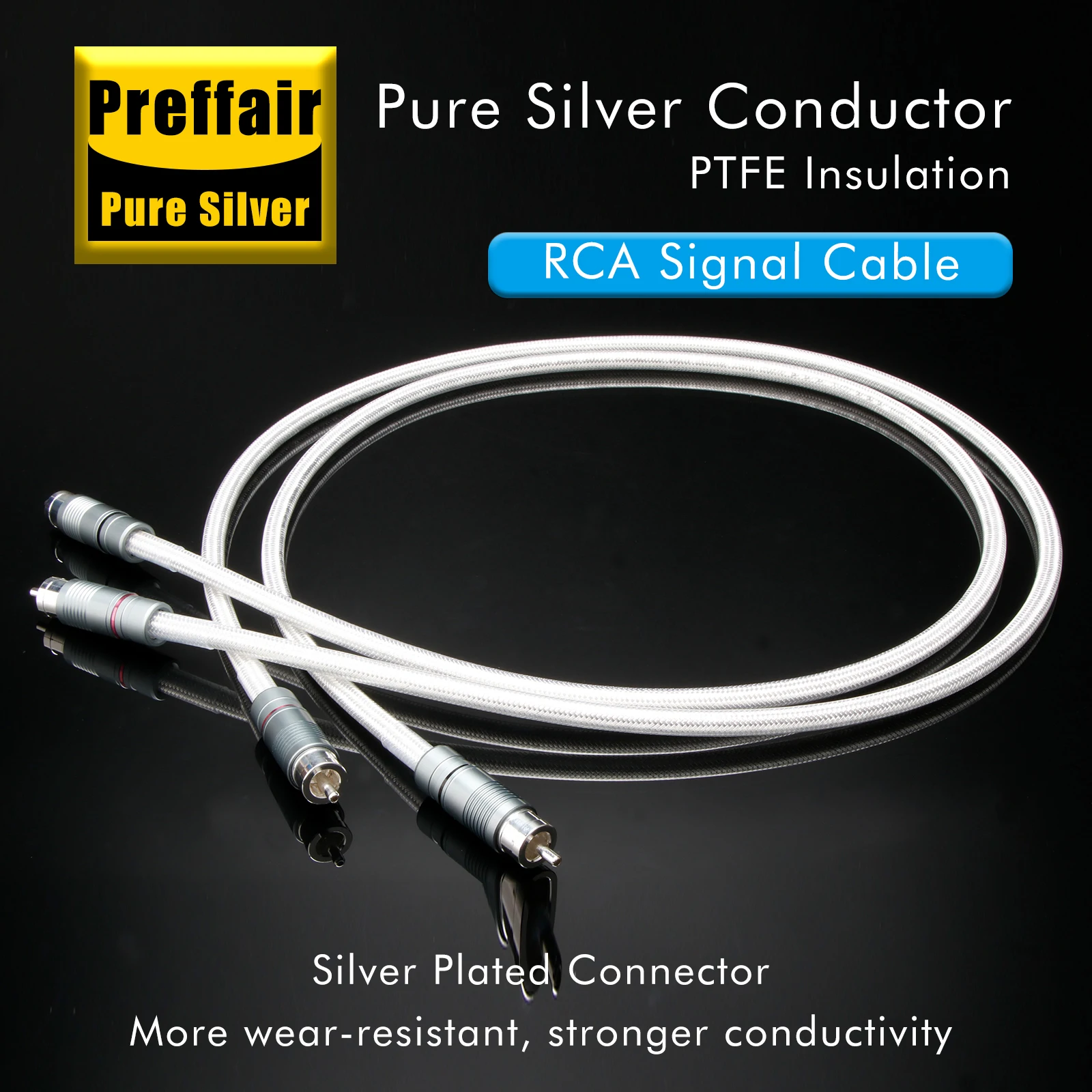 Preffair HiFi Pure Silver 2RCA Cable Analog Interconnect  Audio Video Signal Wire 3 Layer Shielding with Silver Plated 2RCA Plug