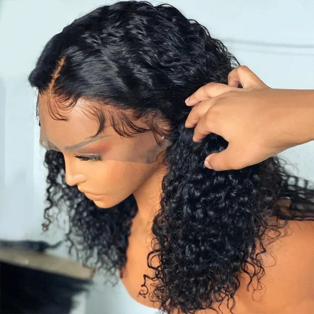 Pelucas brasileñas de cabello humano rizado profundo, pelo Bob Natural, Color negro, onda profunda, parte frontal de encaje HD, 13x4, encaje transparente, 100%