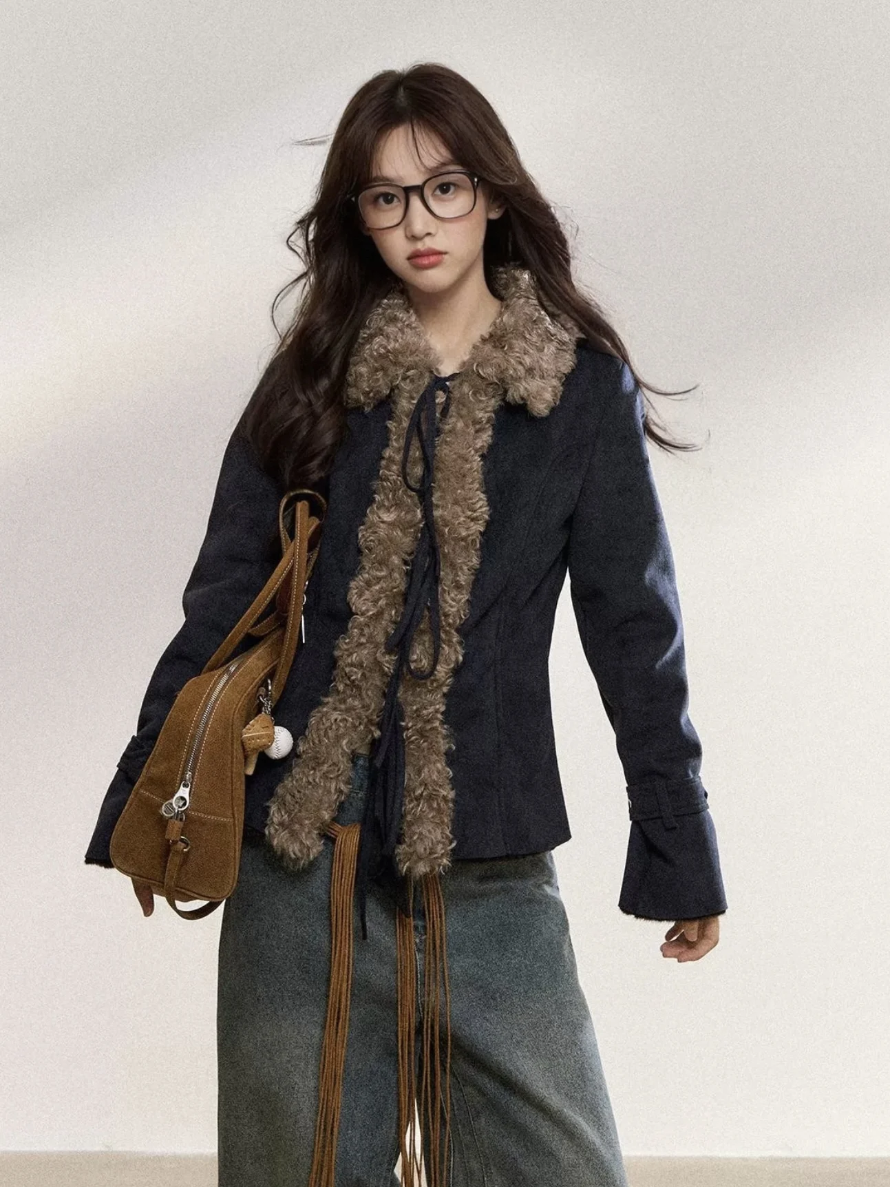 TheLike Original Development Blue Retro High nce Suede Leather Jaet Women's Fur Casual Coat ort Outerwear