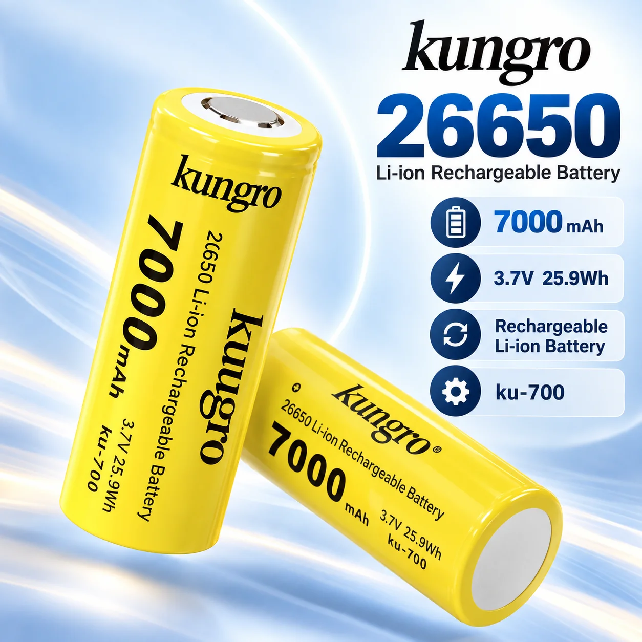 26650 Lithium Battery 7000mAh 3.7V Rechargeable High Drain Replacement Cell for Flashlight, Vape and Solar Light Long Cycle Life