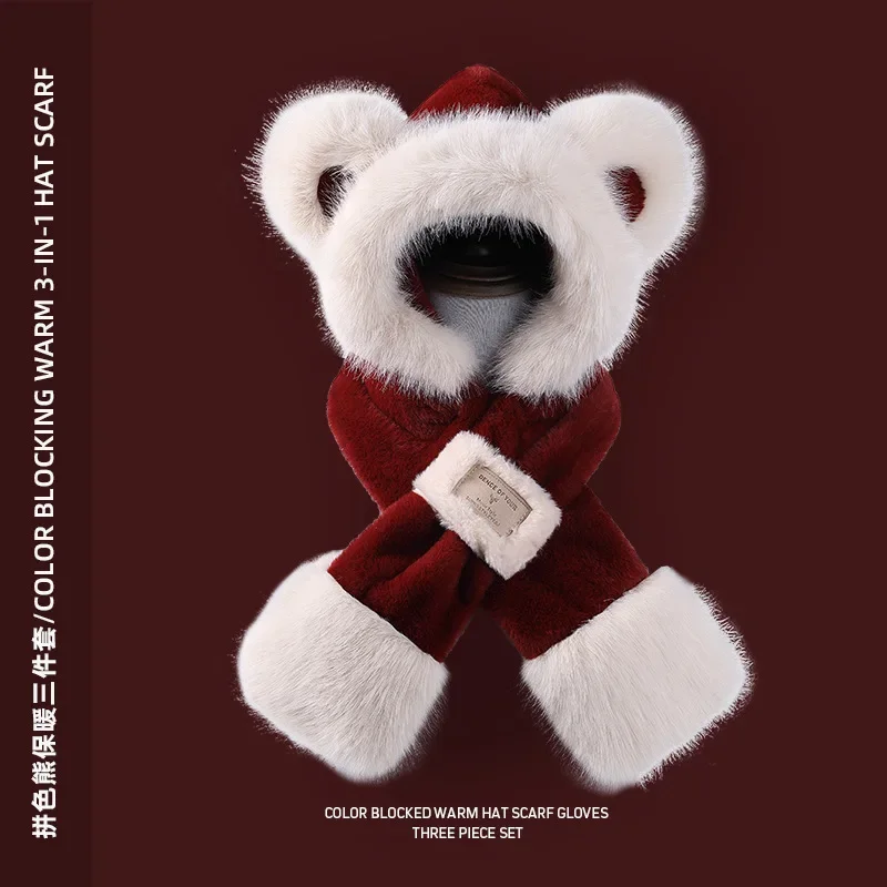 قبعة تيدي بير مع وشاح شتوي دافئ للنساء في عيد الميلاد مريحة في الهواء الطلق