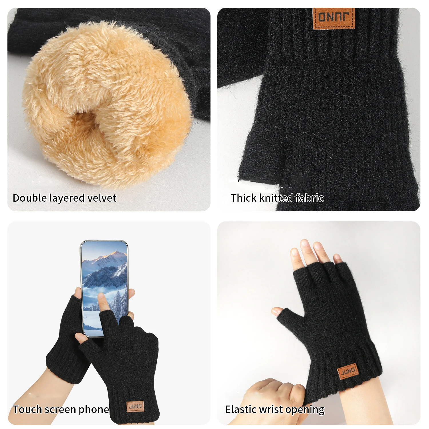 Thick Thermal Fingerless Gloves Winter Knitted Office Unisex Fleece Lined Warm Stretch Typing Writing Gloves Student Daily Wear