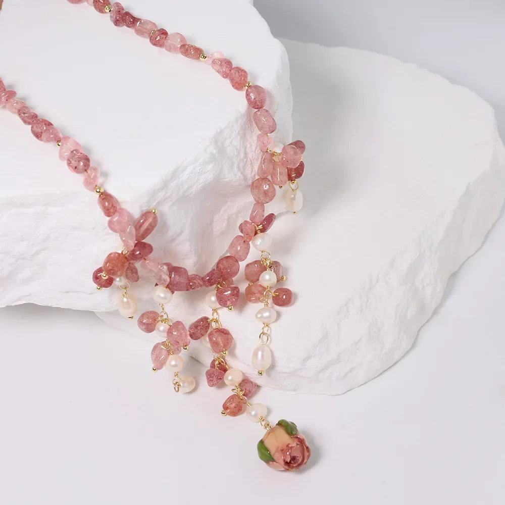 

Pink Stone Necklace Natural Strawberry Crystal Pearl Handmade Clavicle Chain Choker Jewelry Women Tassel Flower Pendant Collars