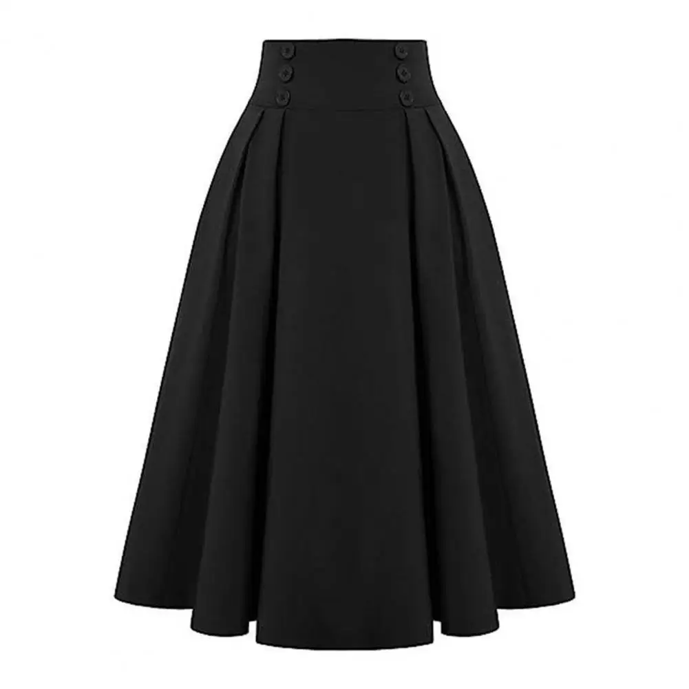 Women Midi Skirt High Waist A-line Skirt Elegant High Waist A-line Midi Skirt with Button Detail Pockets for Office Lady