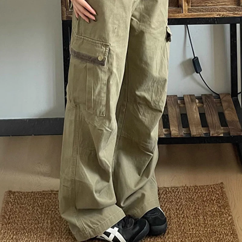 Novo baggy cáqui calças de carga moda feminina multi bolsos drape perna larga jeans mulher outono inverno japonês rua calças femininas