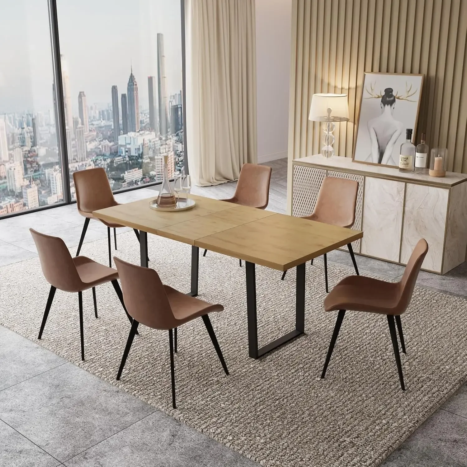 Modern Dining Table Set for 6 Kitchen Dining Room Table Set Extendable Wood Dining Table and 6 Upholstered Chairs, Home Kitchen