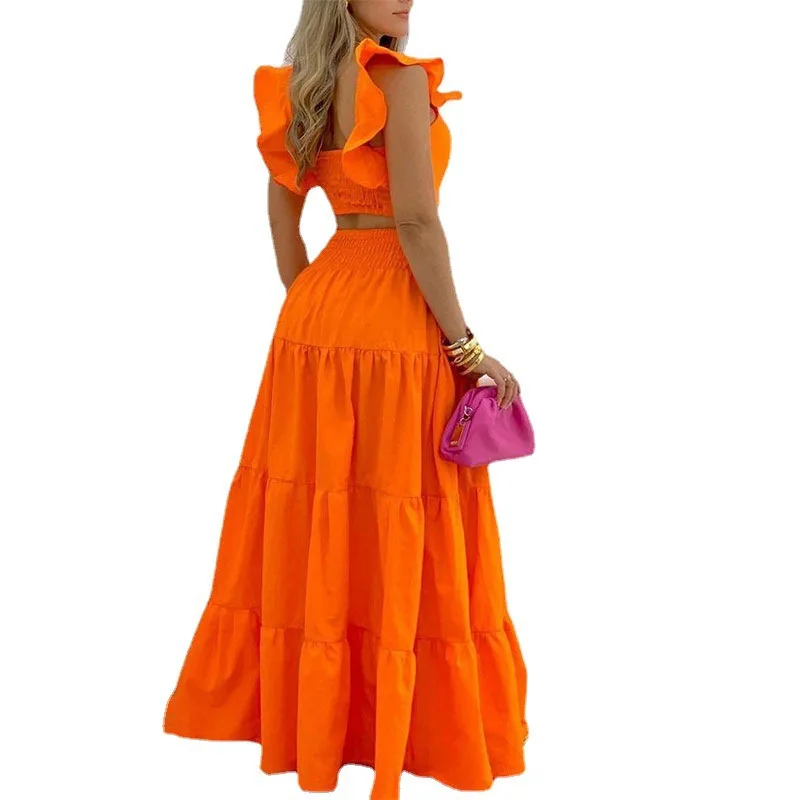 Primavera Verano nuevo cómodo y versátil Simple Mediados de cintura falda de tirantes Sexy Color sólido conjunto de moda conjunto de dos piezas para mujer