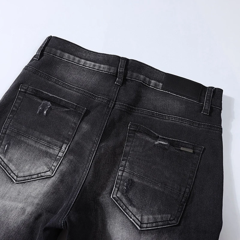 Fashion new Jeansy2k wrinkle resistant washed nostalgic stretch slim fit black perforated patch jeans high street hip-hop brand