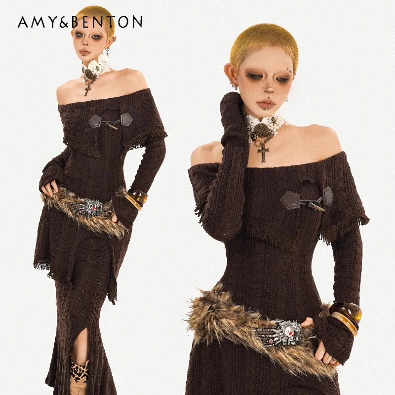 

Original Retro Design Sexy Hot Girl Off-Shoulder Knitted Women's Sweater Autumn New Sweet Cool Slit Mid-Length Skirt Set Ladies