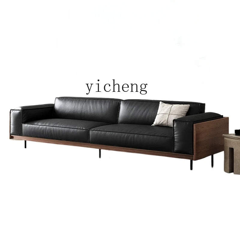 

TQH Minimalist Leather Sofa First Layer Cowhide Living Room Retro Style Solid Wood Straight Row Tofu Sofa