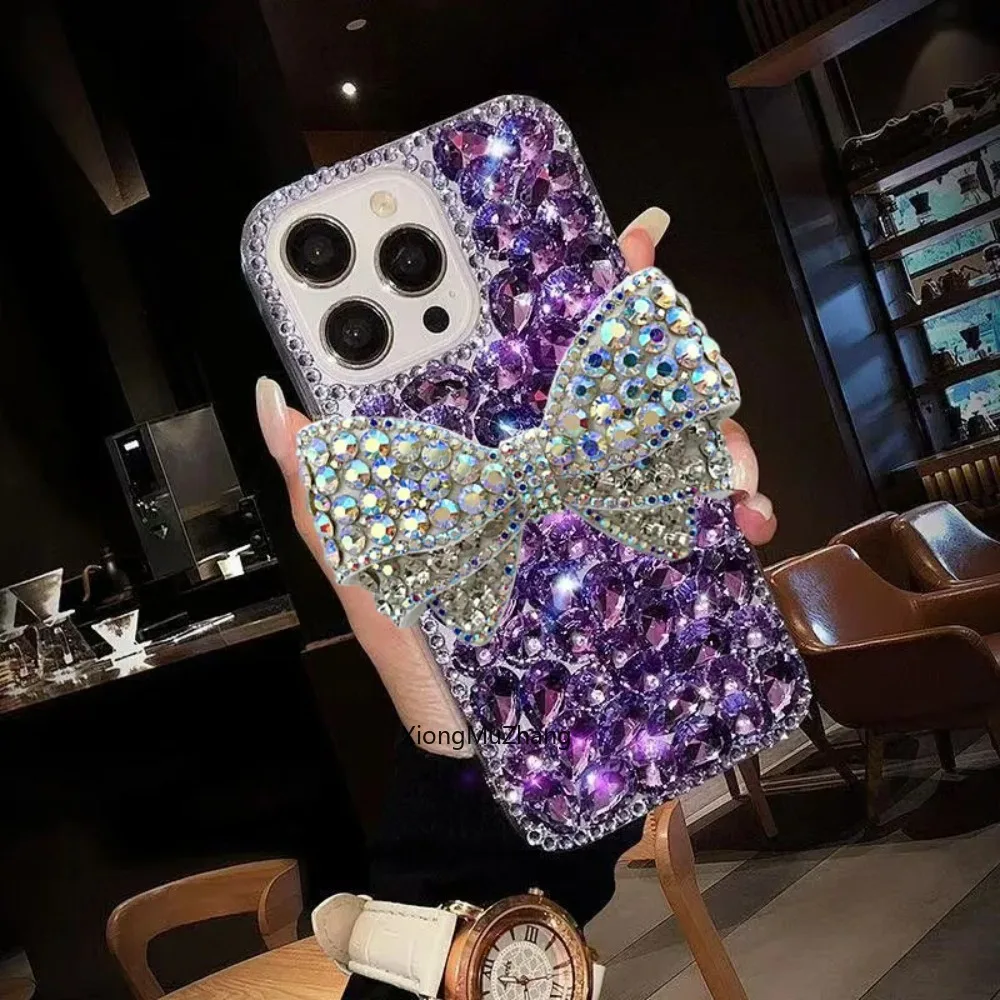 Vollständig mit Diamanten besetzte Handyhülle für iPhone 11 12 13 Mini 14 15 Pro Max 16 18 17 Pro Max Xs Max Luxuriöse Handgefertigte Schleifen-Handyhülle mit Kristallen – Detail 9