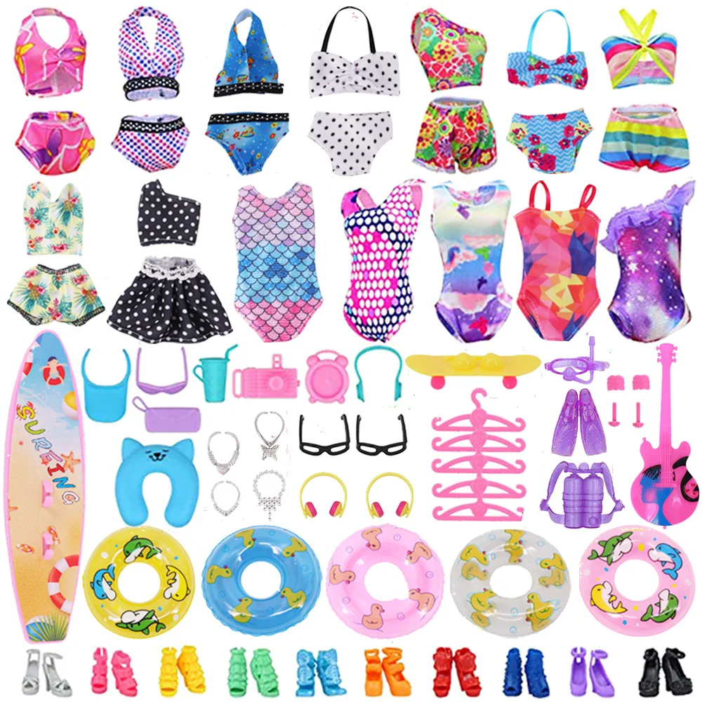 49Pcs Set Doll Accessories Doll Dress Swimsuit Surfboard Swimming Ring Shoes +... For Barbis&BJD Doll Clothes Accessories Toys