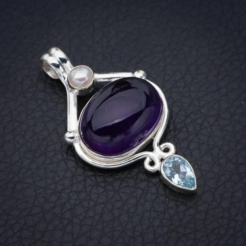 

StarGems Natural Amethyst Blue Topaz And River Pearl Handmade 925 Sterling Silver Pendant 1.75" F5304