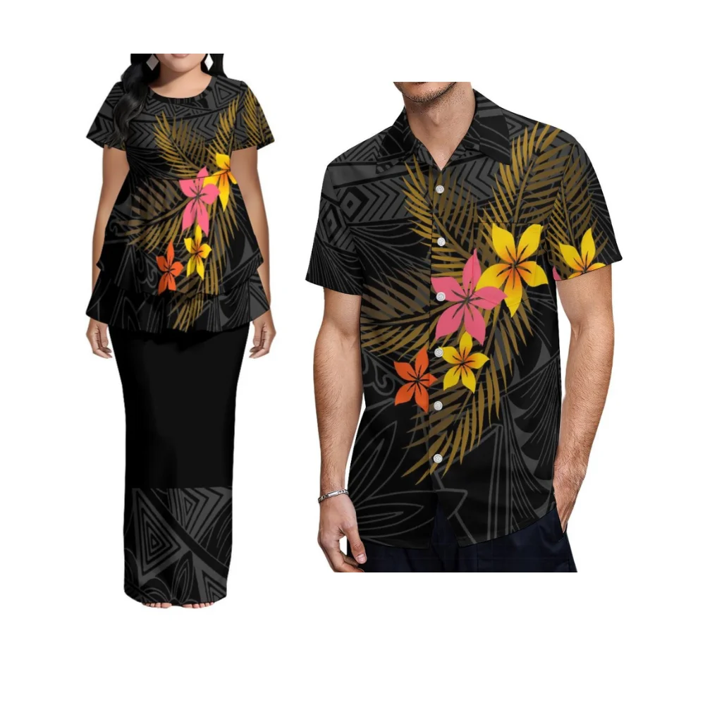Floral Print Custom-Made Wholesale Polynesian Short-Sleeved Double-Pleated Hem Skirt For Ladies - Casual Couple Outfit Pattern