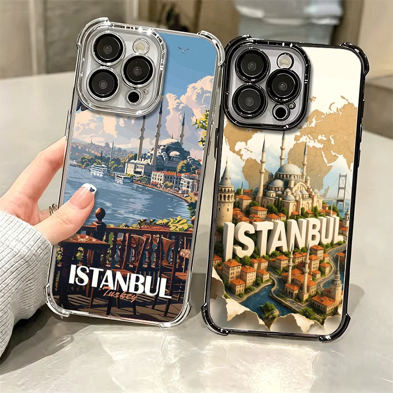 Turkish Istanbul Aesthetics Soft Phone Case For iPhone 15 16 17 Air 14 Pro Max 16E Plus 13 12 Mini Plating Anti-Fall Fundas