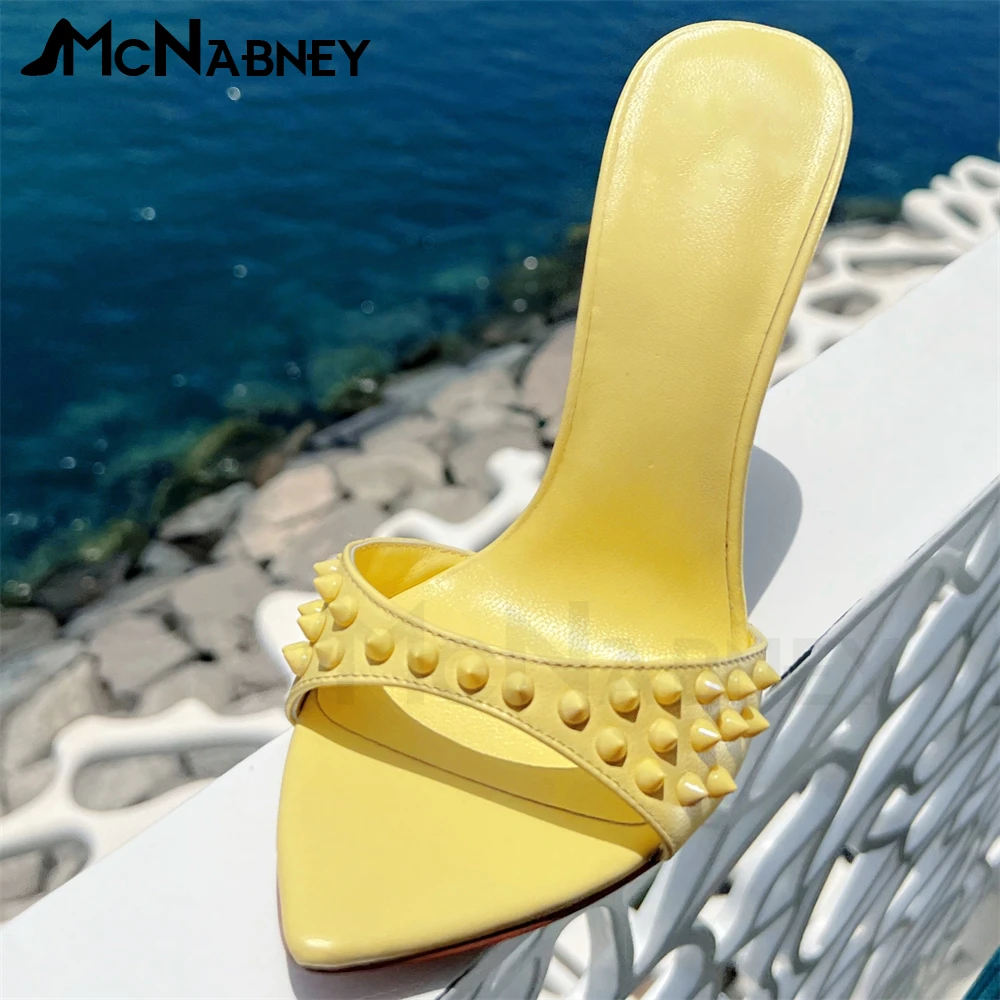 

Yellow Slippers Pointed Toe Mules Rivet Accessories Fashion Stiletto Summer Shoes Large Size High Heels for Ladies Custom Colour