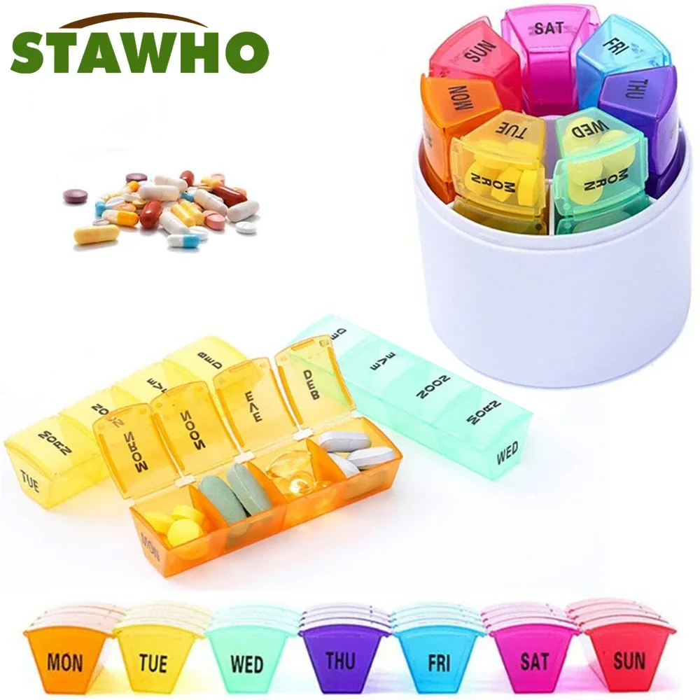 1PCS Weekly Pill Organizer, 7 Stackable Multi-Color Compartments Four Times-a-Day - Morning, Noon, Evening, and Bedtime