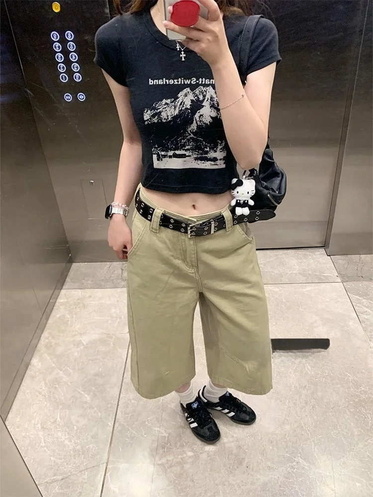 

High Waist Loose Fit Khaki Lazy Style Seven Inch Pants Women's Summer New Fashion Slimming Trendy Girl Workwear Jeans
