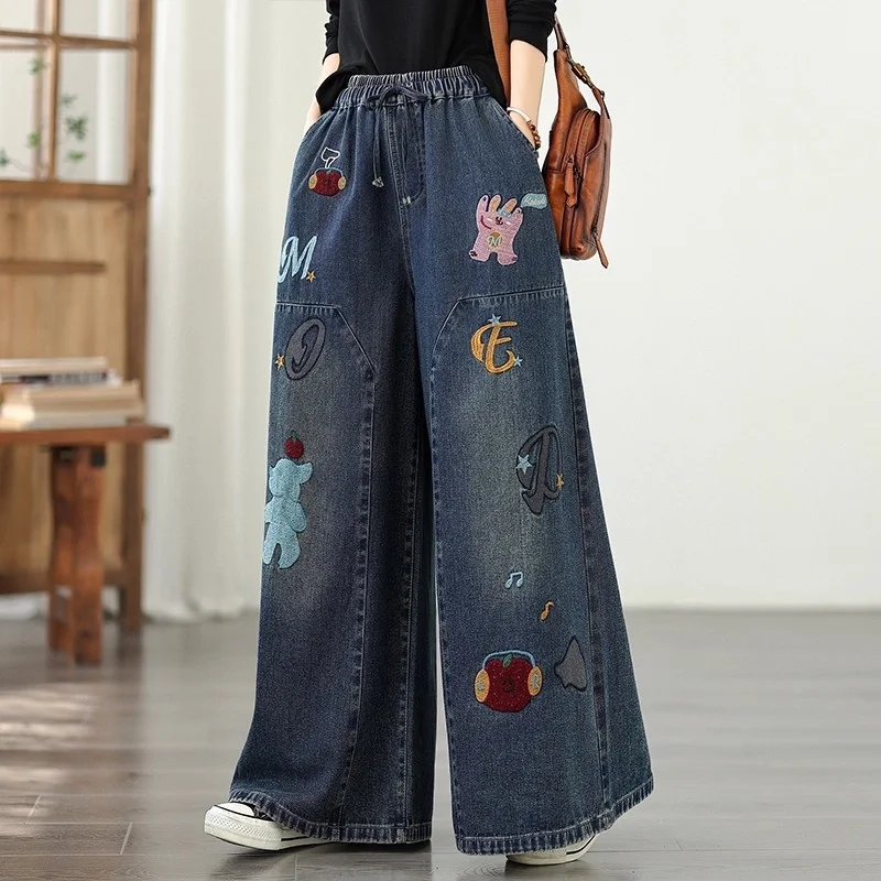 Damen-Jeans mit weitem Bein, hohe Taille, weiche Denim-Hose, große Größe, Vintage-Retro-Freizeithose mit Cartoon-Stickerei, w1371