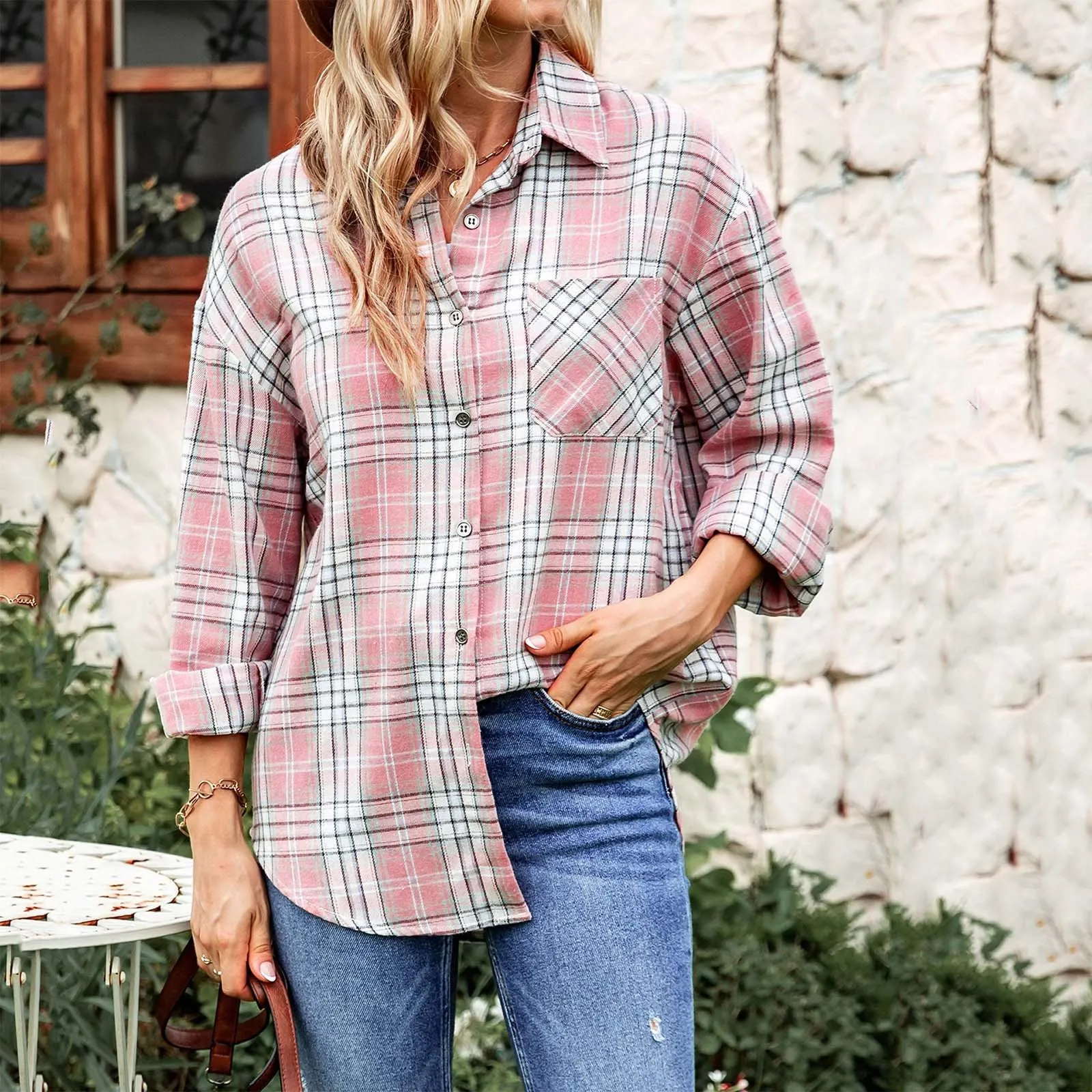 

Women's Flannel Plaid Tee Shirt 2024 Autumn New Women Top Blouse Loose Long Sleeve Blouses Ladies Casual Fresh Design Clothing