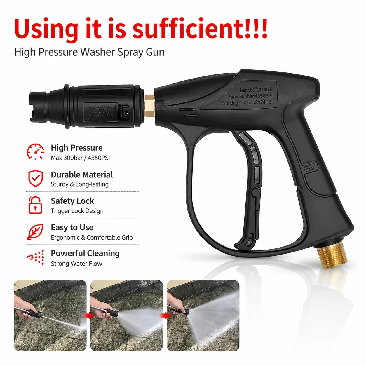 High Temperature Resistant Pressure Washer Spray Gun with Extension Wand Kit, Adjustable Car Washing Tool