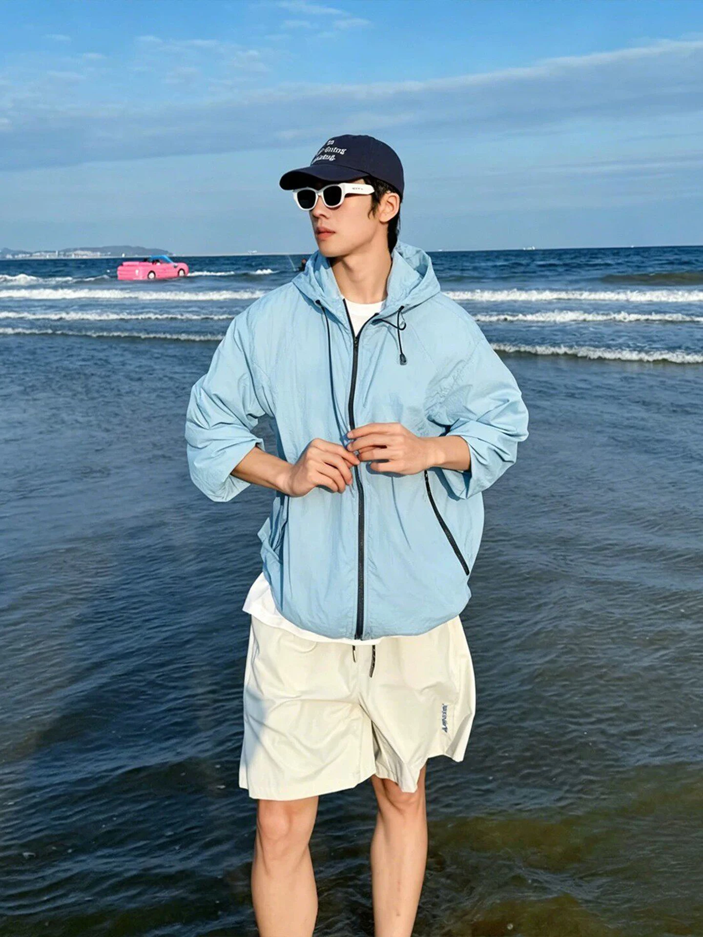 

Men's Summer Lightweight Quick Dry Ice Silk Sun Protection Clothing UPF50 Glacier Blue Hooded Jacket Island Skin Shirt