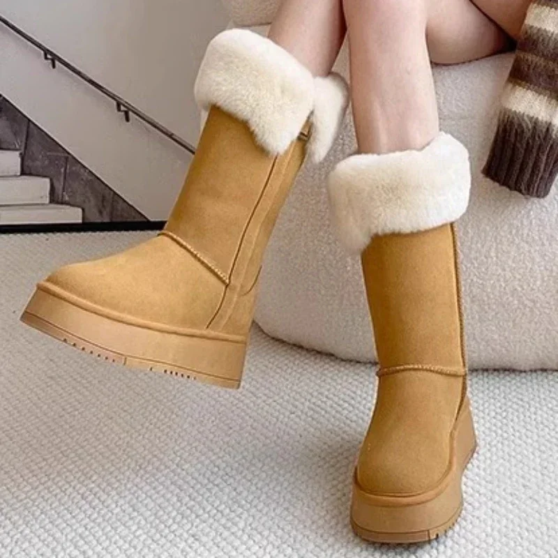 2023 New Women\'s Shoes Slip on Women\'s Boots Winter Round Toe Solid Flock Plush Warm Mid Heel Water Proof Concise Snow Boots