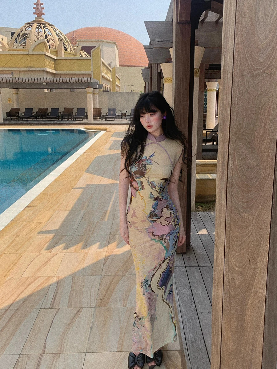 REDDACHiC التعادل صبغ طباعة شبكة شيونغسام المرأة أنيقة اتجاهين طويل ذيل السمكة تشيباو فستان التقليدية الصينية حفلة ثوب مسائي