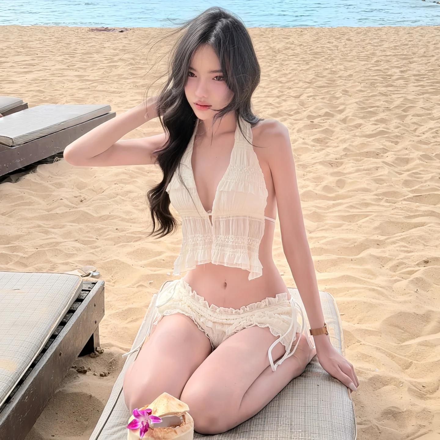 

2026 New Women's Sexy Lace See-tough Neline Bikini for Hot Spring Soaking Polyester Nylon Lycra Material Swimsuit