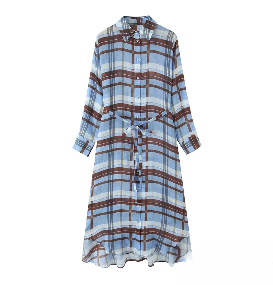 KONDALA Frauen Casual Chic Kleid Kariertes Hemd Stil Taille Spitze-up Midi Kleid 2025, Frühling Herbst Mode Elegante Vintage dame Kleid