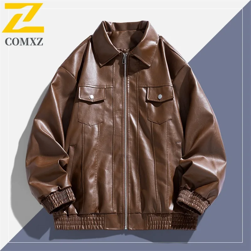 سترة جلدية أنيقة للرجال من COMXZ بياقة مقلوبة على الموضة الأمريكية معطف خفيف الوزن للدراجات النارية ملابس خروج مريحة للخريف